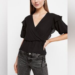 Express Faux Wrap Puff Sleeve Peplum Top